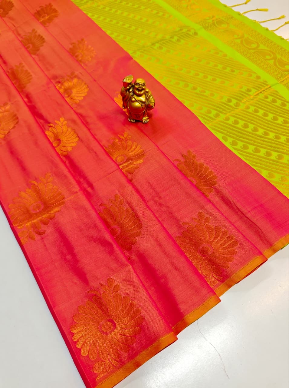 Pastel Grey Cotton Soft Silk Saree with Lime Green Zari Elegance